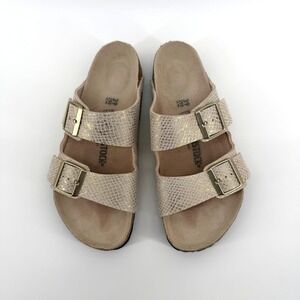 Birkenstock Arizona Sandals Snakeskin Embossed 39 Gold Beige Womens Slide Shoes